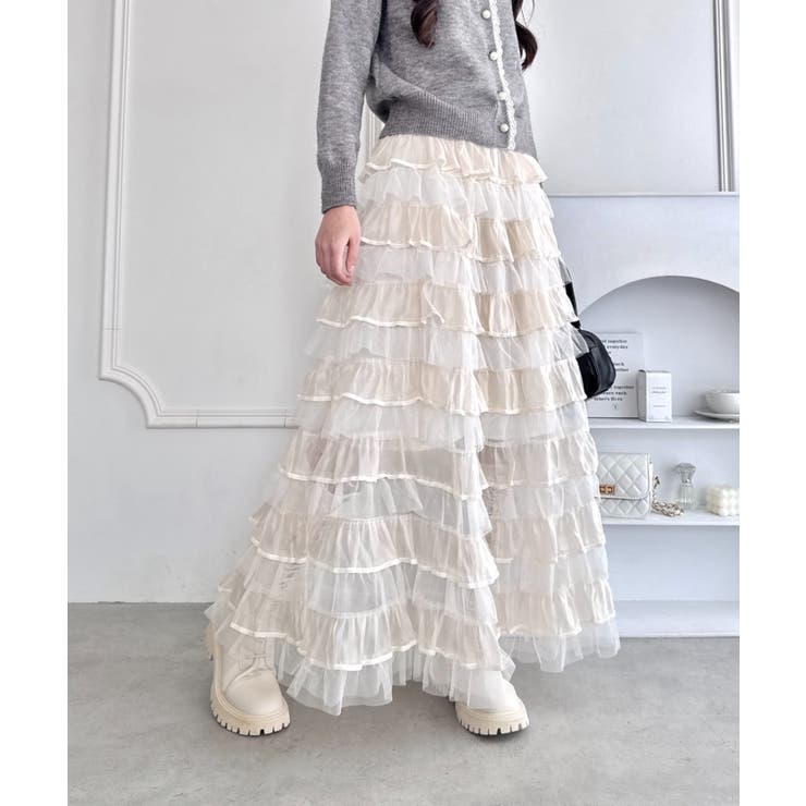 アイボリー | ベロアトリムティアードスカート | Outfitter lab