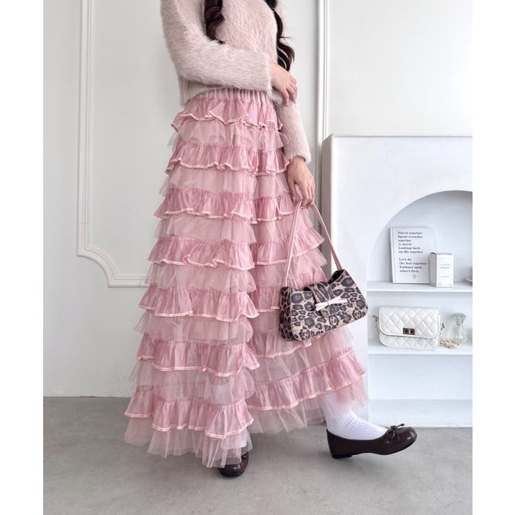 ピンク | ベロアトリムティアードスカート | Outfitter lab