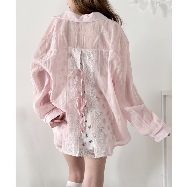 ピンク | リボンレースバックスリットシアーシャツ | Outfitter lab