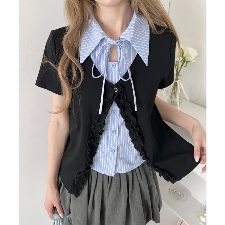 ブラック | シャツレイヤードフリルカーディガン | Outfitter lab