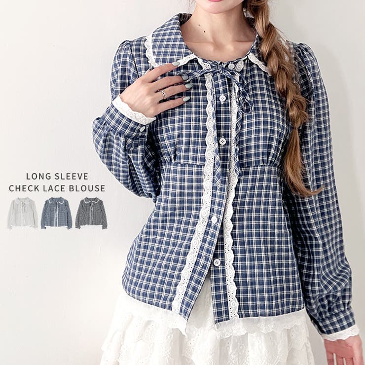 ロングスリーブチェックレースブラウス | Outfitter lab | 詳細画像1 