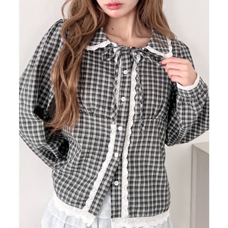 ブラック | ロングスリーブチェックレースブラウス | Outfitter lab