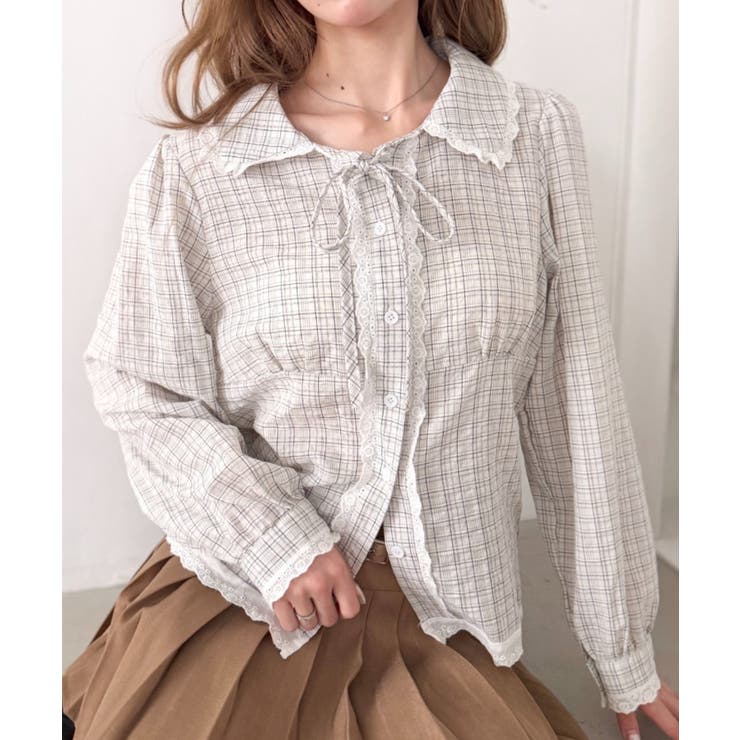 アイボリー | ロングスリーブチェックレースブラウス | Outfitter lab
