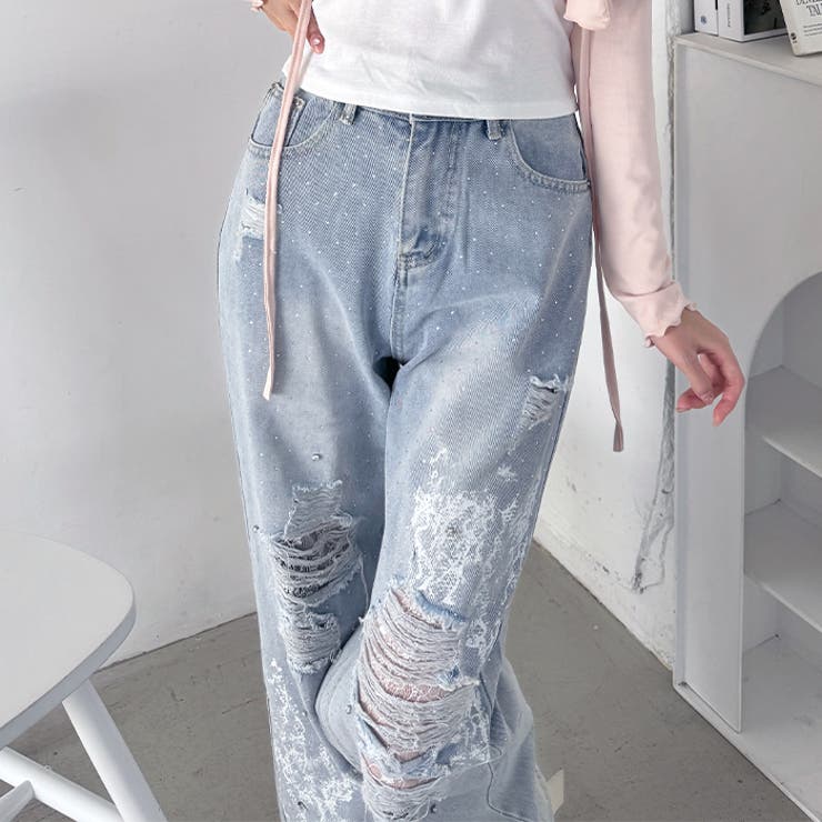 クラッシュレースプリントデニムパンツ | Outfitter lab | 詳細画像8 