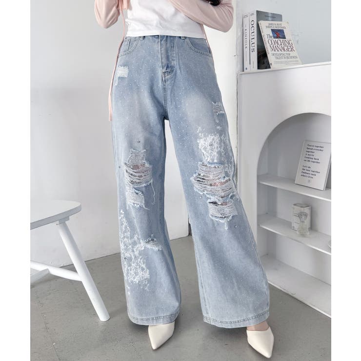 ライトブルー | クラッシュレースプリントデニムパンツ | Outfitter lab