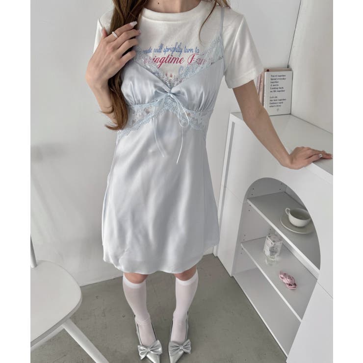 ライトブルー | サイドレースサテンスリップミニワンピース | Outfitter lab