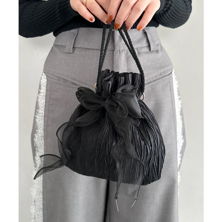 ブラック | リボン付きパール２WAYショルダーパーティー巾着バッグ | Outfitter lab