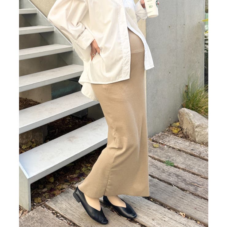 ベージュ | 【マタニティ】セルフカットリブタイトロングスカート ウエストゴムスカート | Outfitter lab