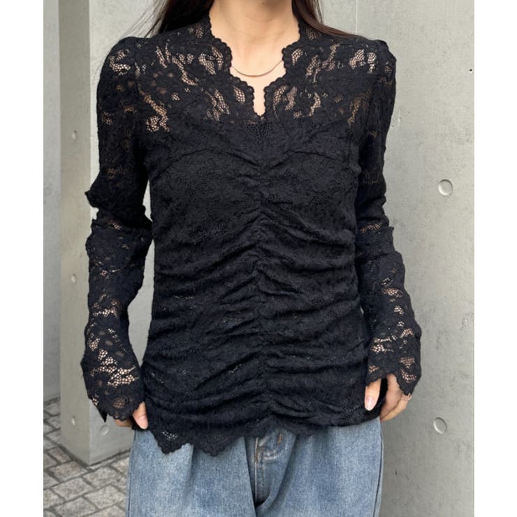 ブラック | 花柄レースVネックカットソー | Outfitter lab