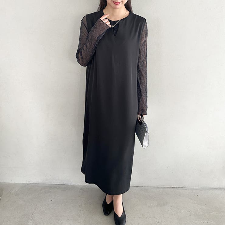 袖ボリュームフリルシアーレイヤード V ネックロングワンピース | Outfitter lab | 詳細画像10 