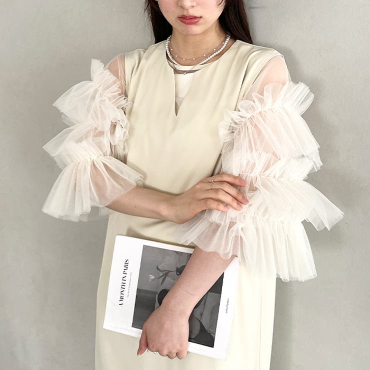 袖ボリュームフリルシアーレイヤード V ネックロングワンピース | Outfitter lab | 詳細画像13 