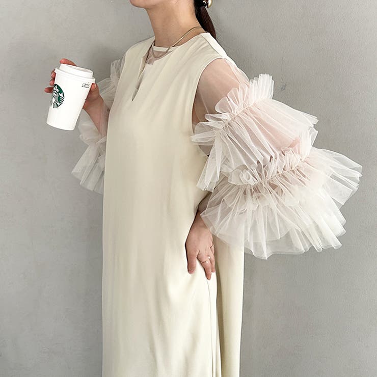 袖ボリュームフリルシアーレイヤード V ネックロングワンピース | Outfitter lab | 詳細画像15 