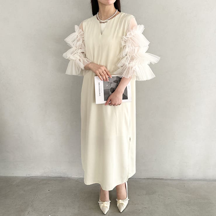 袖ボリュームフリルシアーレイヤード V ネックロングワンピース | Outfitter lab | 詳細画像19 