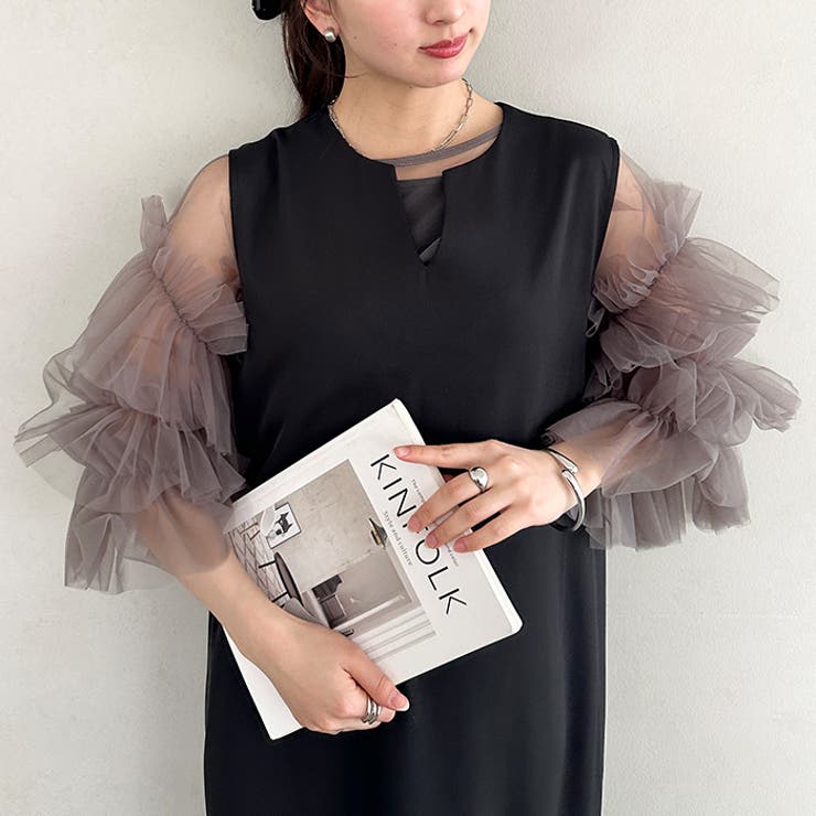 袖ボリュームフリルシアーレイヤード V ネックロングワンピース | Outfitter lab | 詳細画像21 
