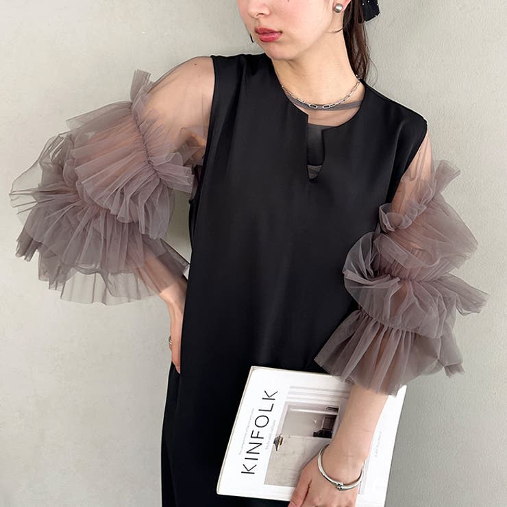 袖ボリュームフリルシアーレイヤード V ネックロングワンピース | Outfitter lab | 詳細画像22 