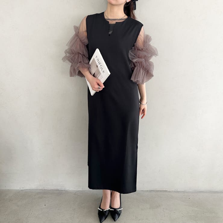 袖ボリュームフリルシアーレイヤード V ネックロングワンピース | Outfitter lab | 詳細画像25 
