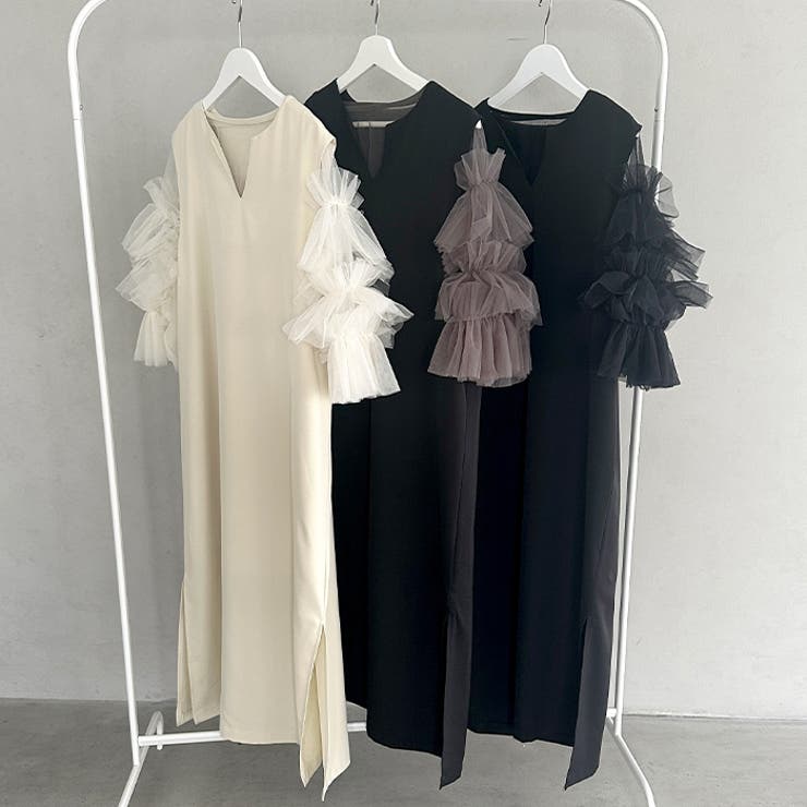 袖ボリュームフリルシアーレイヤード V ネックロングワンピース | Outfitter lab | 詳細画像30 