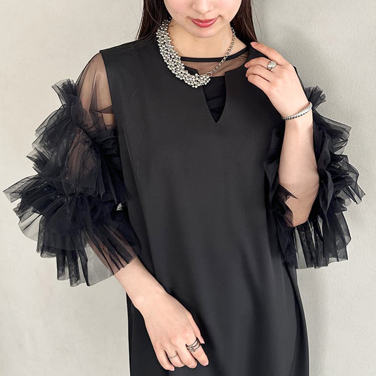 袖ボリュームフリルシアーレイヤード V ネックロングワンピース | Outfitter lab | 詳細画像6 