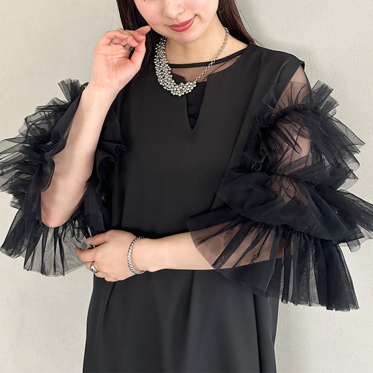 袖ボリュームフリルシアーレイヤード V ネックロングワンピース | Outfitter lab | 詳細画像7 