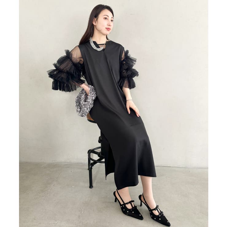 ブラック | 袖ボリュームフリルシアーレイヤード V ネックロングワンピース | Outfitter lab