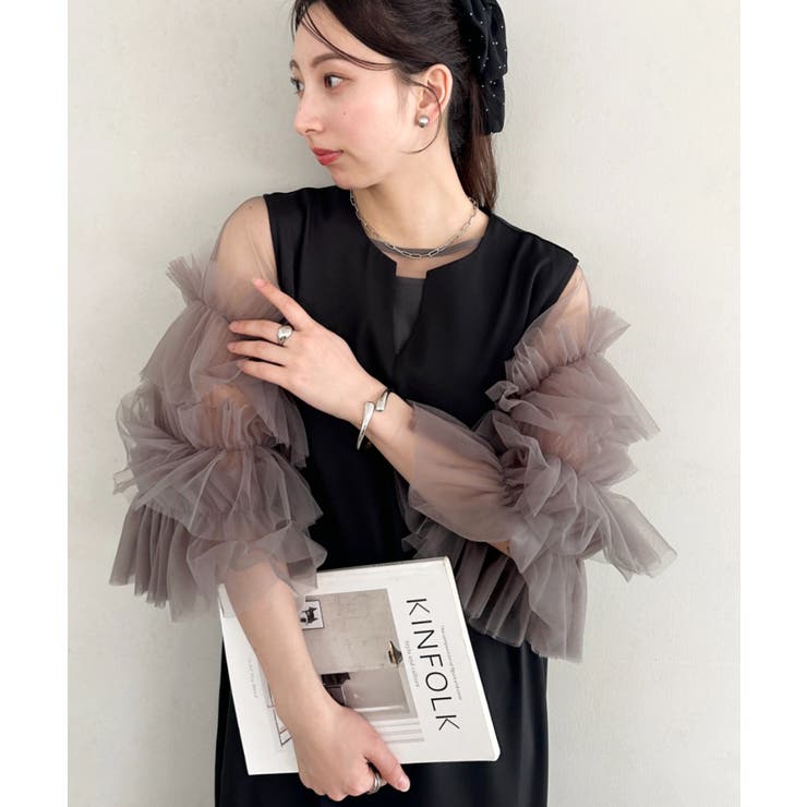 ブラック系その他 | 袖ボリュームフリルシアーレイヤード V ネックロングワンピース | Outfitter lab