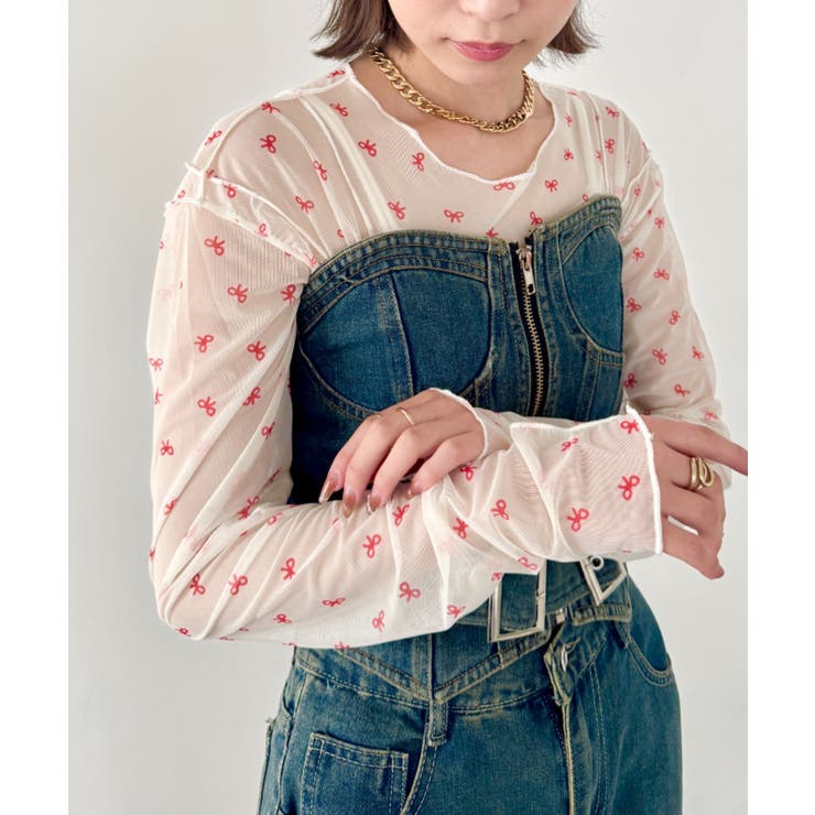 レッド | アウトリンキングリボンプリントシアートップス | Outfitter lab