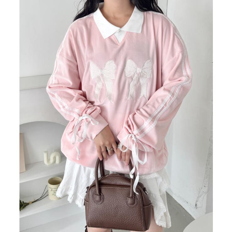 ピンク | サイドラインリボンベロアラガートップス | Outfitter lab