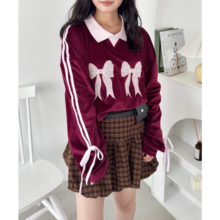 ワインレッド | サイドラインリボンベロアラガートップス | Outfitter lab