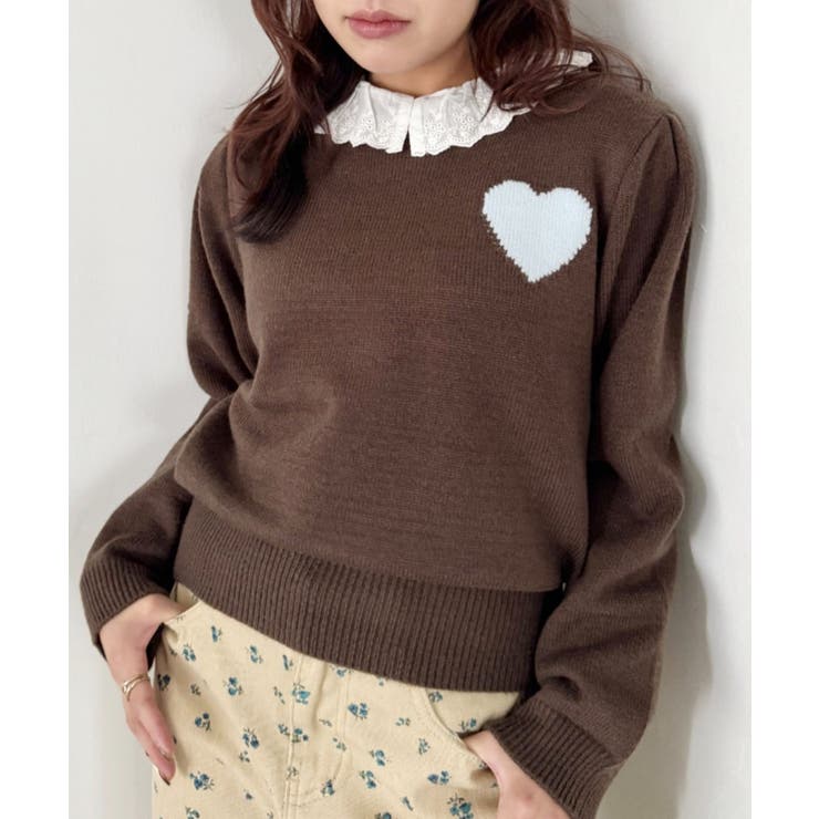 ブラウン | ワンポイントハートニットトップス | Outfitter lab