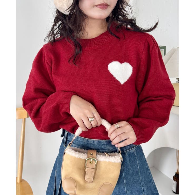 レッド | ワンポイントハートニットトップス | Outfitter lab