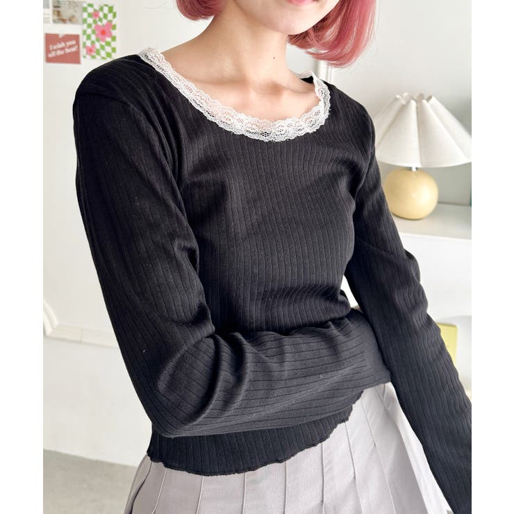 ブラック | レース付き長袖インナートップス | Outfitter lab