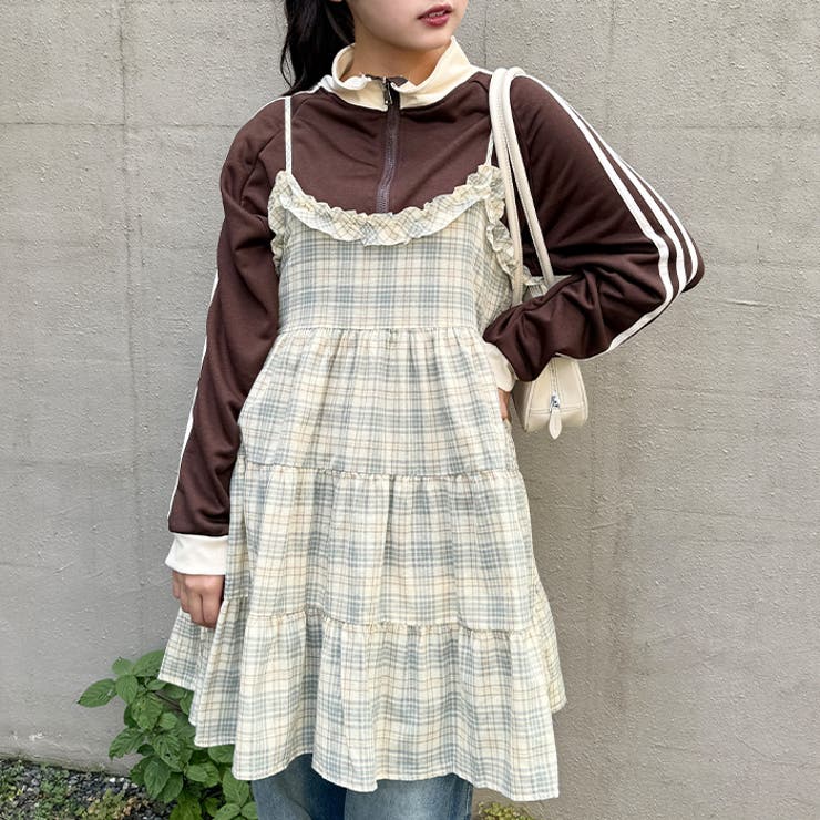 チェック柄フリルティアードチュニック[品番：OUTW0000365