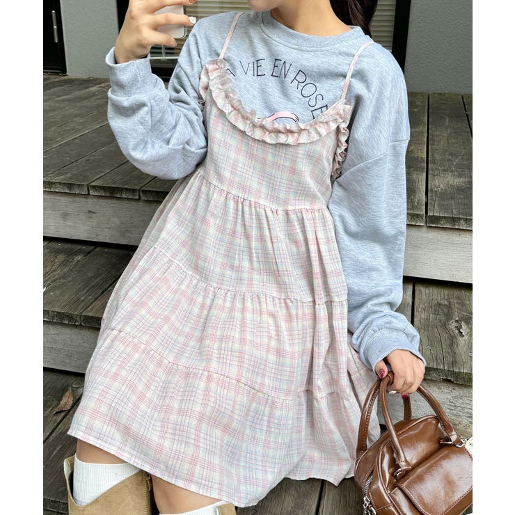 ピンク | チェック柄フリルティアードチュニック | Outfitter lab