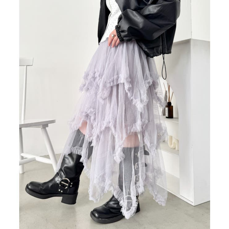 グレー | ボリュームフリルチュールスカート | Outfitter lab