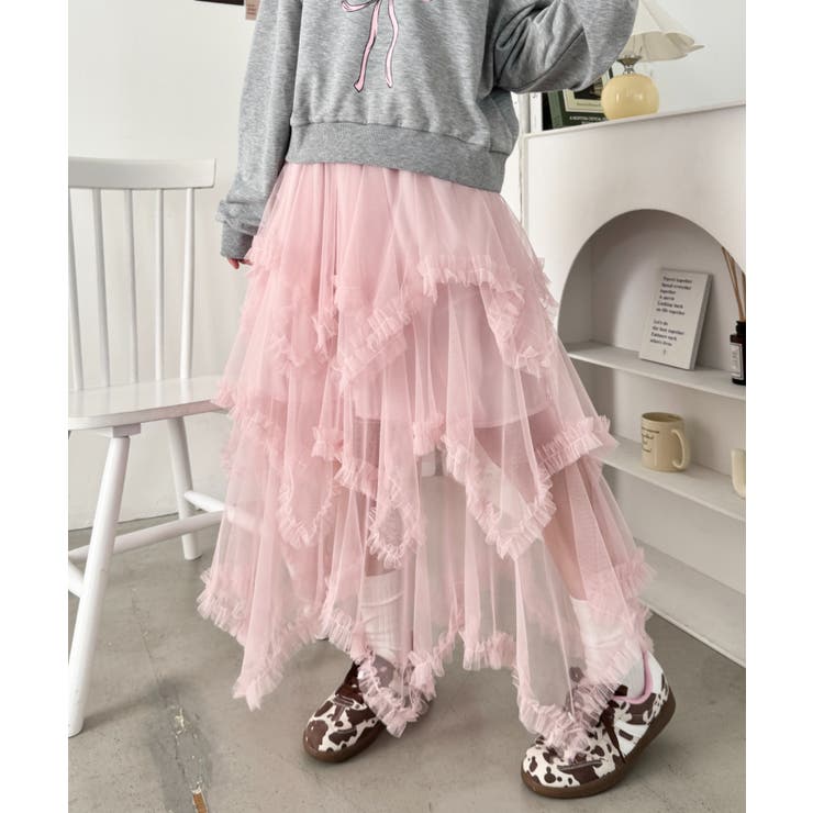 ライトピンク | ボリュームフリルチュールスカート | Outfitter lab