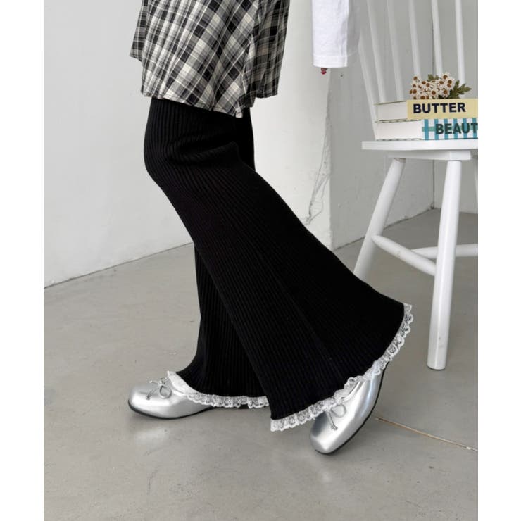 ブラック | 裾レースリブパンツ | Outfitter lab