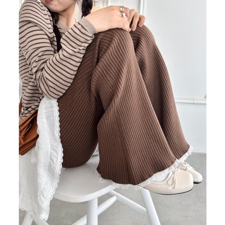 ブラウン | 裾レースリブパンツ | Outfitter lab