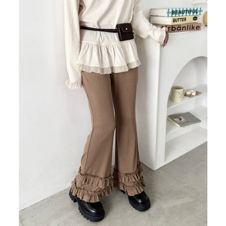 ベージュ | ダブルフリルリブフレアパンツ | Outfitter lab