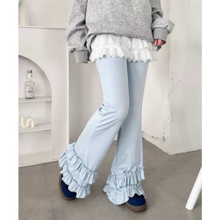 ライトブルー | ダブルフリルリブフレアパンツ | Outfitter lab