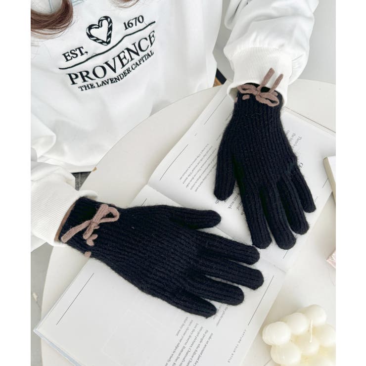 ブラック | 【スマホ対応】バイカラーリボン手袋 | Outfitter lab