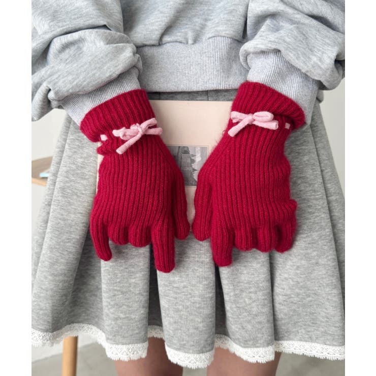 レッド | 【スマホ対応】バイカラーリボン手袋 | Outfitter lab