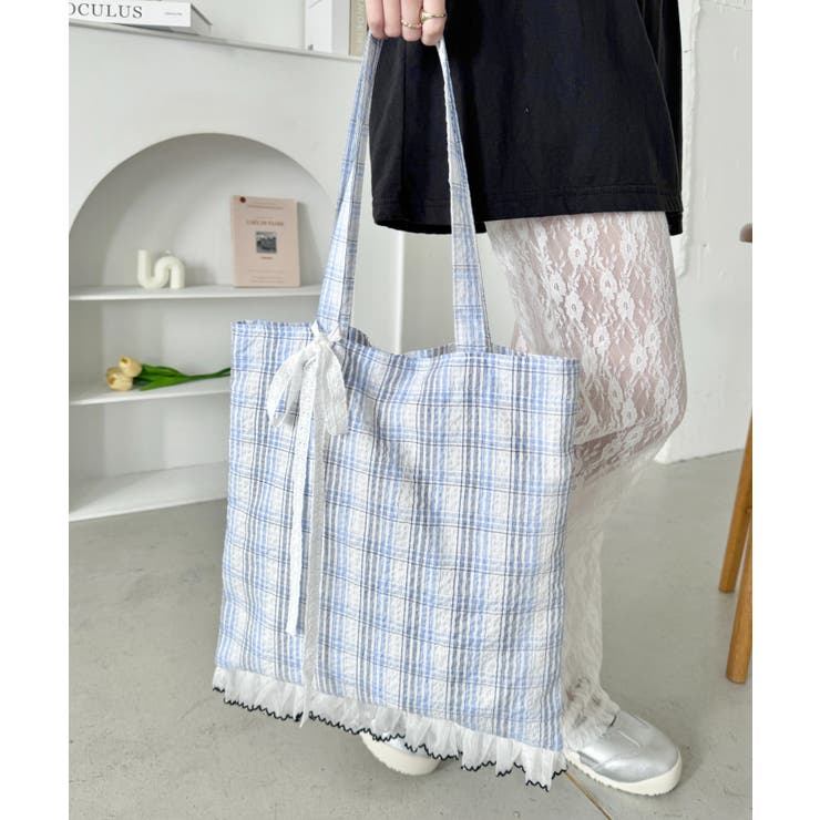 ブルー | フリルチェックトートバッグ | Outfitter lab