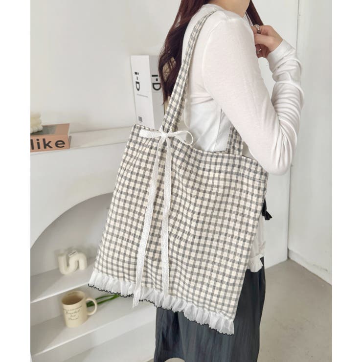 ホワイト | フリルチェックトートバッグ | Outfitter lab