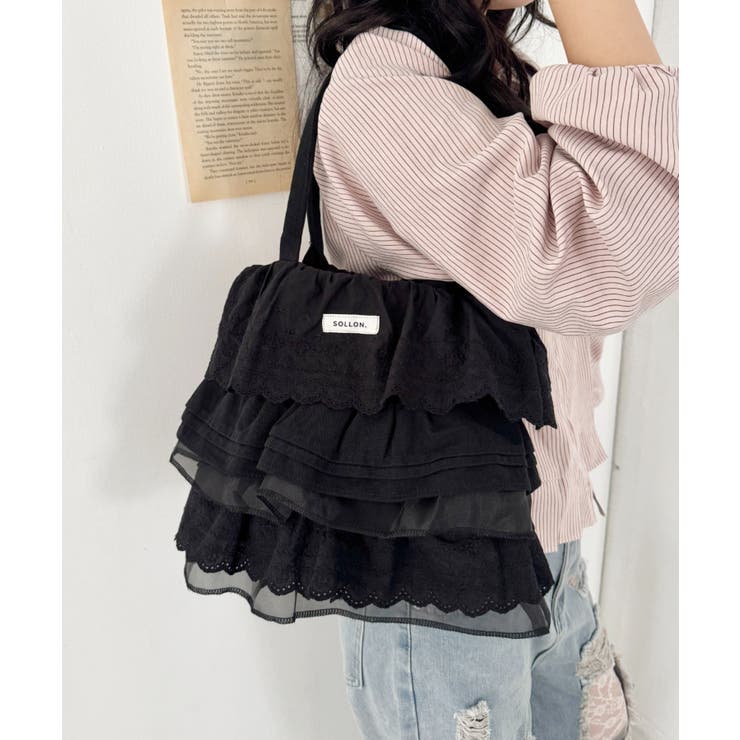 ブラック | コットンレースフリルトートバッグ | Outfitter lab