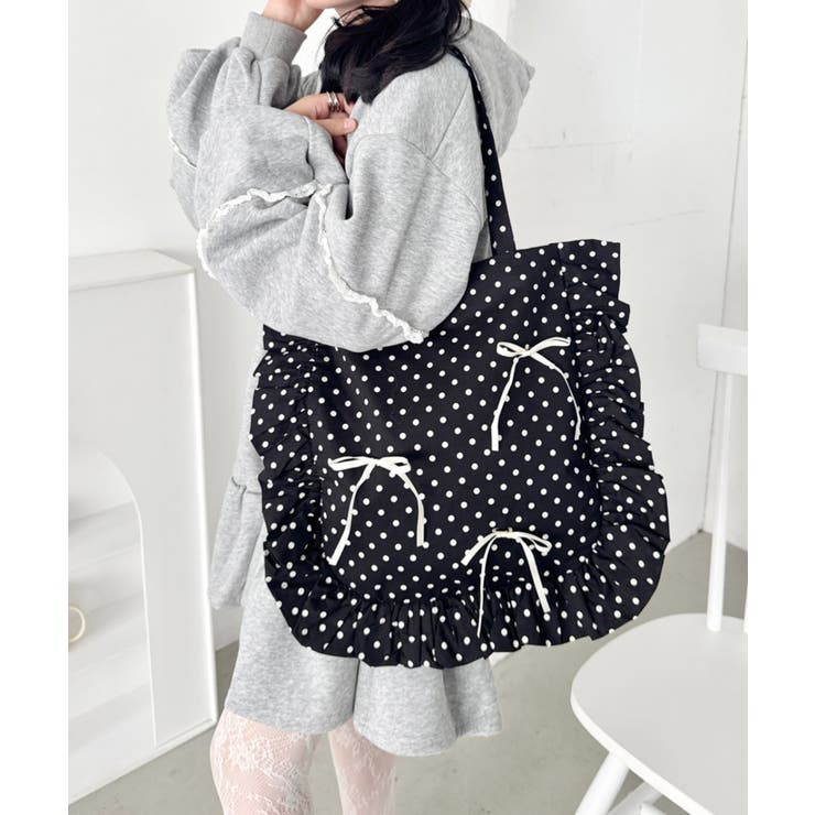 ブラック | 【リボン取り外し可能】ドットフリルトートバッグ | Outfitter lab