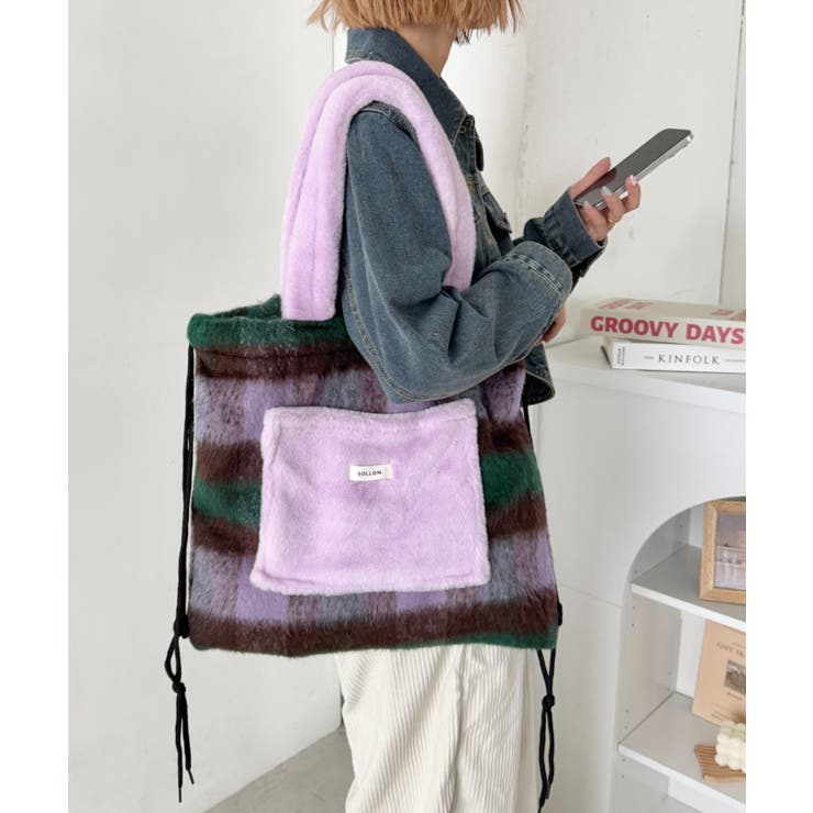 パープル | フェイクファー2WAYチェックナップサック | Outfitter lab