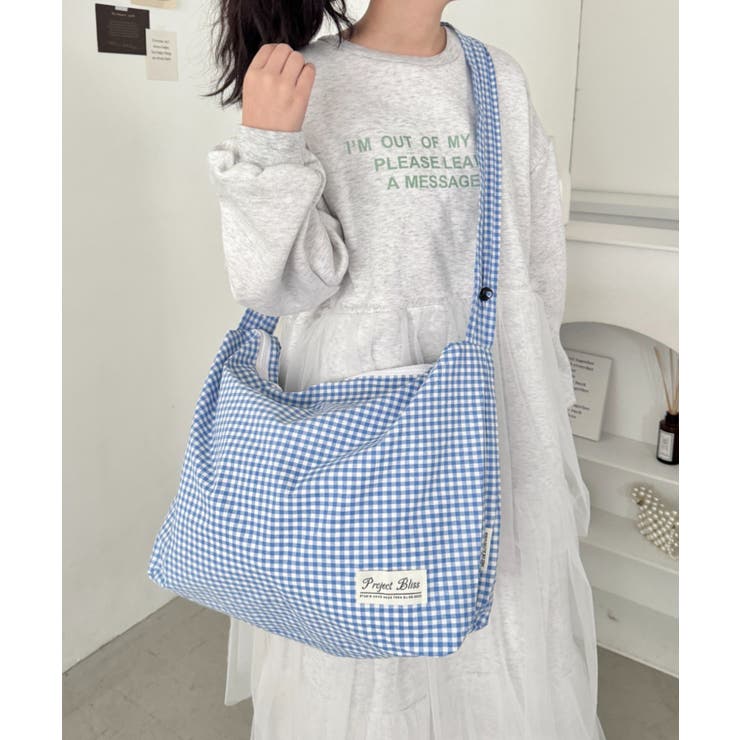 ライトブルー | ギャザーショルダーギンガムチェックショルダーバッグ | Outfitter lab