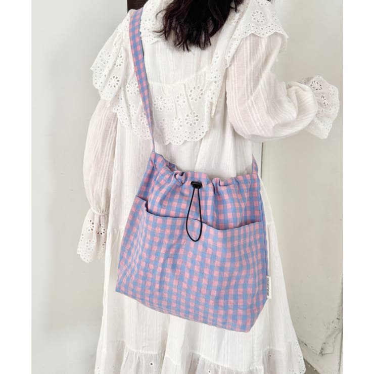 ライトブルー | チェックスクエア巾着ショルダーバッグ | Outfitter lab