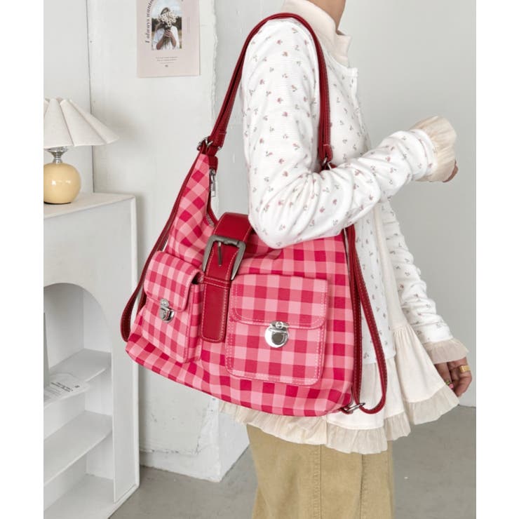 レッド | ダブルポケット3WAYチェックショルダーバッグ | Outfitter lab
