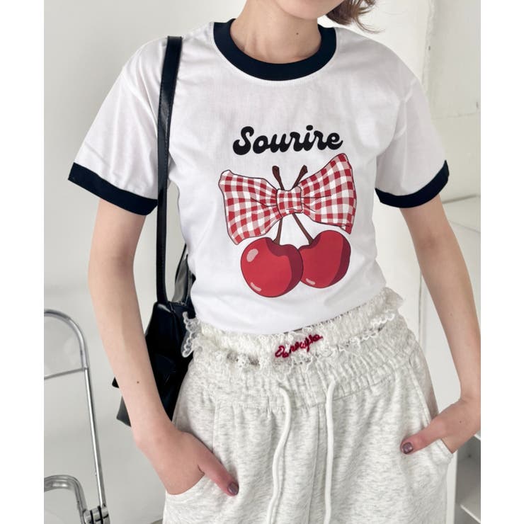 ブラック | チェリーリボン半袖リンガーTシャツ | Outfitter lab